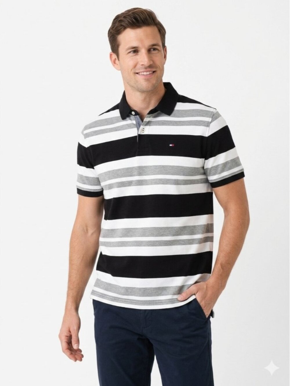 Tommy Hilfiger Men's Striped Polo Shirt Short Sleeve Black Grey White XL - 635